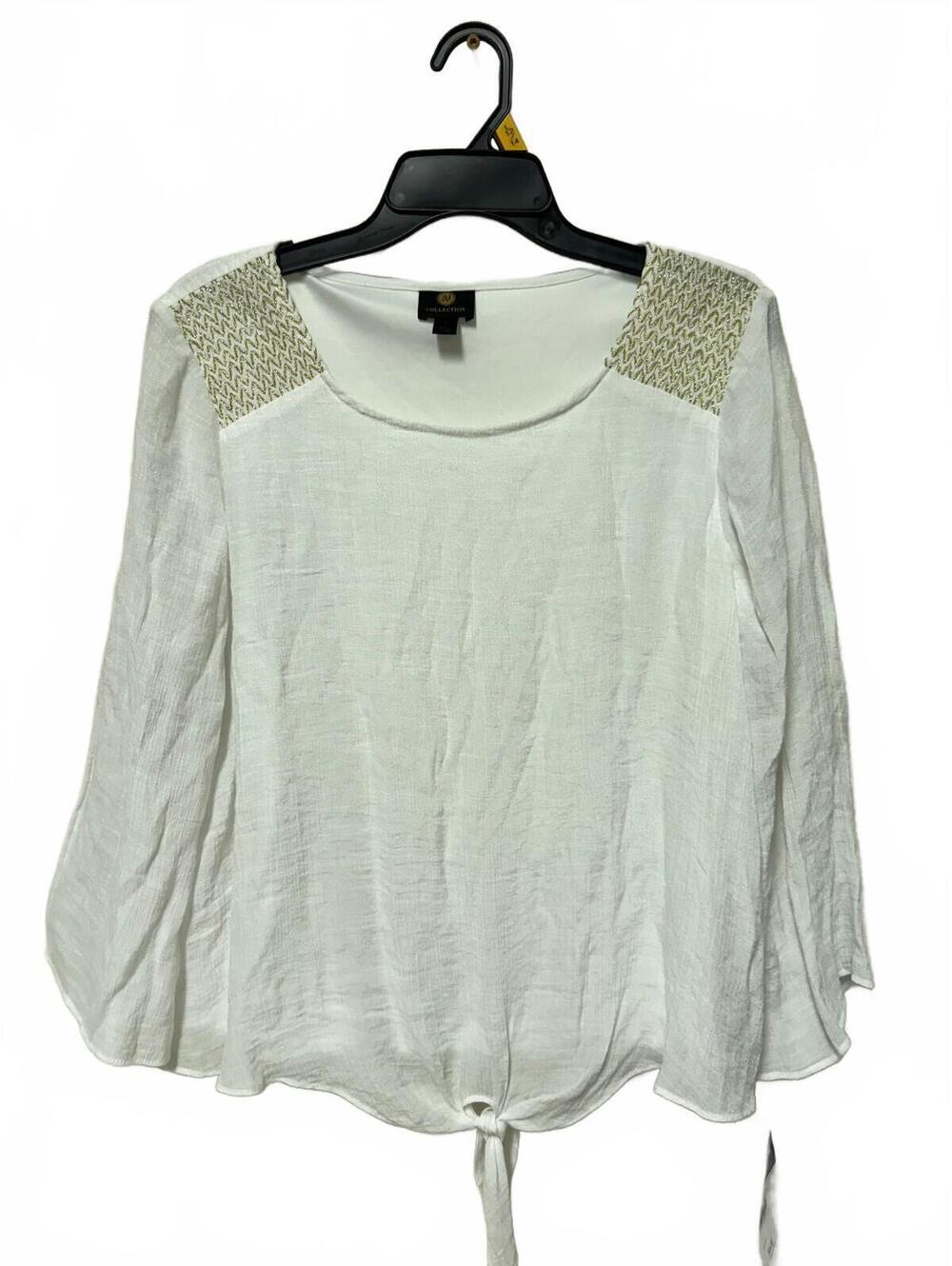 JM Collection Womens Large White Embroidered Tie Front Long Sleeve Top NWT